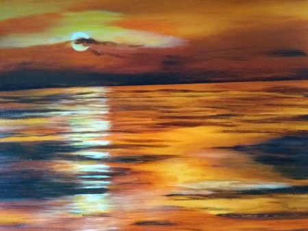 Zonsondergang op de wadden, olieverf. 2018, Verkocht